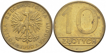 Польша 10 злотых 1990 MW, Народная Республика KM 152.2, Parchimowicz 244b латунь 4519-1023