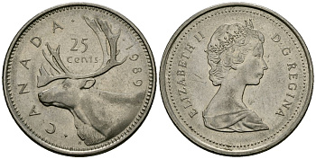 Канада 25 центов 1989 Елизавета II (1953-), олень KM 74 медно-никель 4167-933