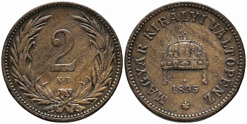 Венгрия 2 филлера 1895 KB, Франц Иосиф I (1848-1916) KM 481 бронза 100-624