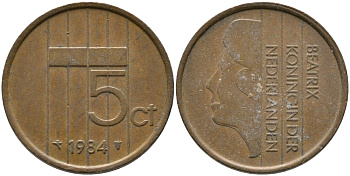 НИДЕРЛАНДЫ 5 ЦЕНТОВ 1984 БЕАТРИКС KM 202 бронза 65-1242