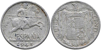 ИСПАНИЯ 10 СЕНТИМО 1945 РЫЦАРЬ НА КОНЕ KM 766 алюминий 110-924