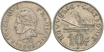 Французская Новая Каледония 10 франков 2008 рыбачья парусная лодка, (IEOM) KM 11a, Schoen 13a, Lec 99k медно-никель 60-716