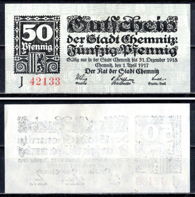 Хемниц (Саксония) 50 пфеннигов 1917 Mehl Grabowski C12.1J бумага UNC (пресс) 7556-70-3-2