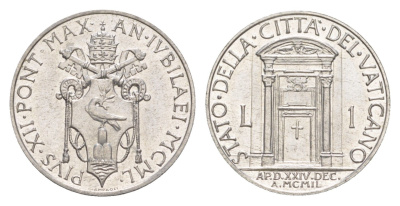 Ватикан 1 лира 1950 MCML, Пий XII KM 44 алюминий UNC 1529-1024