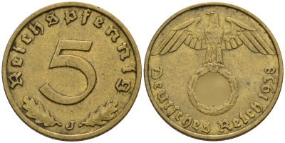 Германия 5 рейхспфеннигов 1938 J KM 91, J. 363 алюминиевая бронза 4151-858
