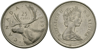 Канада 25 центов 1989 Елизавета II (1953-), олень KM 74 медно-никель 4167-933