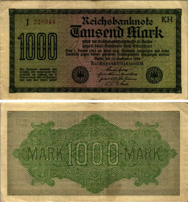 ГЕРМАНИЯ 1000 МАРОК 1922 15 ОКТЯБРЯ 1922, ВОДЯНОЙ ЗНАК F, БЕЛАЯ БУМАГА Pick 76с бумага 7183-63-2-1