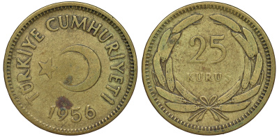 ТУРЦИЯ 25 КУРУШЕЙ 1956 KM 886 латунь 62-415