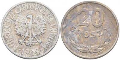 ПОЛЬША 20 ГРОШЕЙ 1968 MW KM А47 алюминий 4516-411