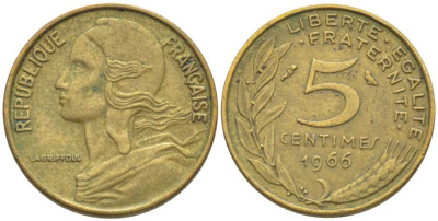 ФРАНЦИЯ 5 САНТИМОВ 1966 ТИП MARIANNE KM 933, LE FRANC 125.2 алюминиевая бронза 116-437