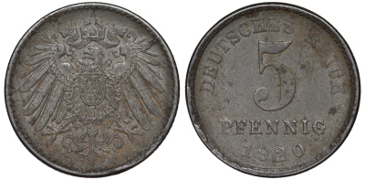 ГЕРМАНИЯ 5 ПФЕННИГОВ 1920 E KM 19, J. 297 железо 45-1167