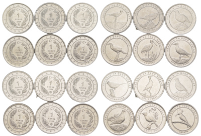 Турция лот из 12 монет номиналом 1 куруш 2020 Анатолийские птицы KM NEW алюминий  UNC  M67-20
