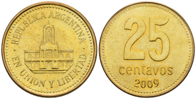 Аргентина 25 сентаво 2009 ратуша Буэнос-Айреса KM 110, CJ 4.5.1, Schon 111 алюминиевая бронза    60-441