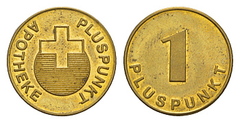 Германия аптечный жетон в 1 Pluspunkt диаметр 18 мм, вес 2,6 гр сталь плакированная латунью UNC 4655-716
