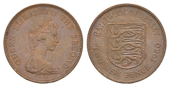 Джерси 2 новых пенса 1980 герб, Елизавета II (1952-2022) KM 31 бронза 4656-1123