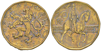 Чехия 20 крон 1997 b’, чешский лев, герцог Вацлав на коне KM 5 сталь плакированная латунью 4592-1156