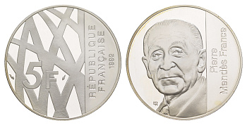 Франция 5 франков 1992 Пьер Мендес-Франс, в оригинальной коробке, сертификат KM 1006 a серебро  PROOF  1-6-4-35