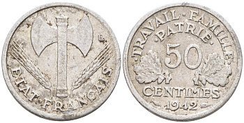 ФРАНЦИЯ 50 САНТИМОВ 1942 ТИП FRANCISQUE, LOURDE, ПРАВИТЕЛЬСТВО ВИШИ KM 914.1, LE FRANC 195.2 алюминий 4588-356