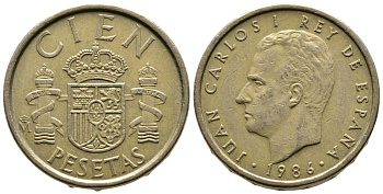 Испания 100 песет 1986 Хуан Карлос I (1975-2014) KM 826 алюминиевая бронза 85-332