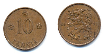 Финляндия 10 пенни 1937 KM 24 медь 51-5554