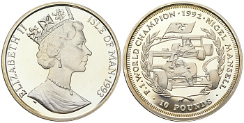 Остров Мэн 10 фунтов 1993 Найджел Мэнселл, чемпион Мировой серии F1, гоночный болид КМ 345 серебро  PROOF  1091-7-62