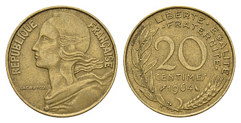 Франция 20 сантимов 1964 KM 930 алюминиевая бронза 3336-946