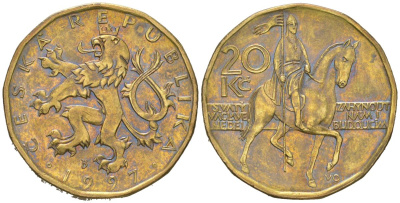 Чехия 20 крон 1997 b’, чешский лев, герцог Вацлав на коне KM 5 сталь плакированная латунью 4592-1156