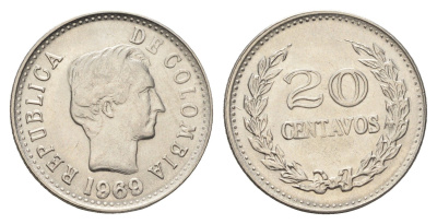 Колумбия 20 сентаво 1969 KM 237 сталь плакированная никелем aUNC 4662-614