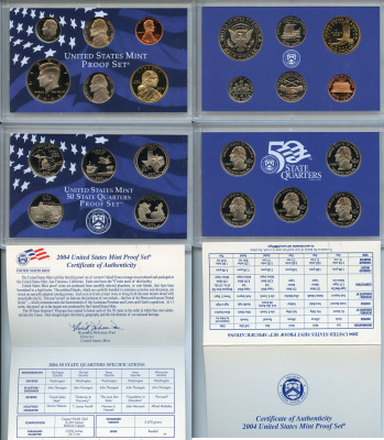 США официальный набор из 10 монет, в 2 пластиковых сетах 2004 годовой набор и юбилейные монет 25 центов, в оригинальной коробке, сертификат KM PS 212   PROOF  8-2-04-32