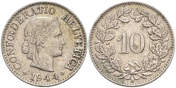 ШВЕЙЦАРИЯ 10 РАППЕНОВ 1944 В KM 27 медно-никель 201-435