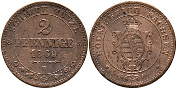Саксония 2 пфеннига 1869 В, Иоганн (1854-1873) KM 1217, Jaeger 121, AKS 155 медь 116-652