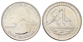 США 25 центов (квотер, 1/4 доллара) 2011 P, Квотеры «Парки США» - Национальный парк Виксбург KM 497 медь плакированная медно-никелем UNC 4666-933