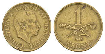 Дания 1 крона 1943 N, Кристиан X (1912-1947) KM 835 алюминиевая бронза 4638-651