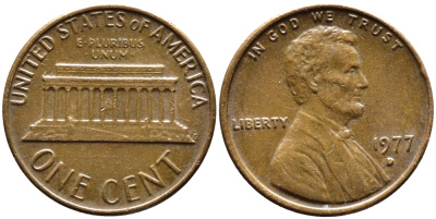 США 1 ЦЕНТ 1977 D, ЛИНКОЛЬН KM 201 медь цинк 4381-969