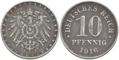 ГЕРМАНИЯ 10 ПФЕННИГОВ 1916 A KM 20, J. 298 железо 175-224
