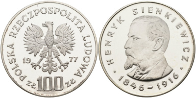 Польша 100 злотых 1977 MW, Генрик Сенкевич (1846-1916) KM 88, Parchimowicz 277 серебро PROOF 05-141-11