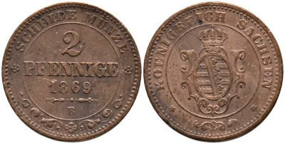 Саксония 2 пфеннига 1869 В, Иоганн (1854-1873) KM 1217, Jaeger 121, AKS 155 медь 116-652