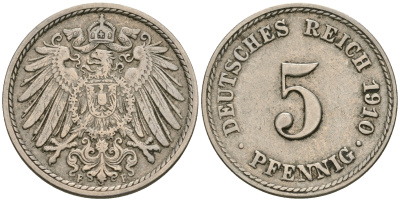 Германия 5 пфеннигов 1910 F KM 11, Jager 12, Weege 6 медно-никель 4608-937