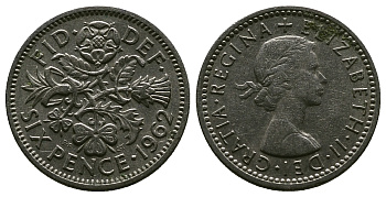 Великобритания 6 пенсов 1962 Елизавета II (1952-2022) KM 903, Spink 4149 медно-никель 4381-745