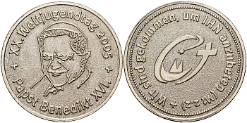 Ватикан жетон 2005 20-ая годовщина дня молодежи, Папа Бенедикт XVI  белый металл  UNC  4537-225