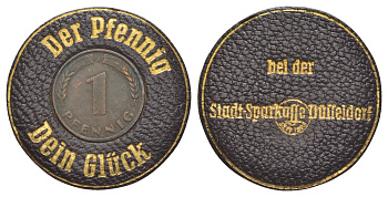 ФРГ "счастливый" пфенниг, кожаная оболочка с 1 пфеннигом ND диаметр 33 мм, вес 3,2 гр кожа 4634-643