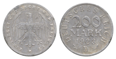 Германия 200 марок 1923 D KM 35, J. 304, Weege 22 алюминий 4638-947