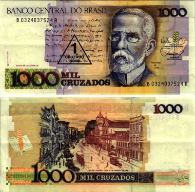БРАЗИЛИЯ 1 КРУЗАДО НОВЫЙ 1989 НАДПЕЧАТКА НА 1000 КРУЗАДОСЕРИЯ В 0324, НАДПЕЧАТКА НА 1000 КРУЗАДО, МАЧАДО ДЕ АССИС Pick 216b бумага 6279-27-3-1