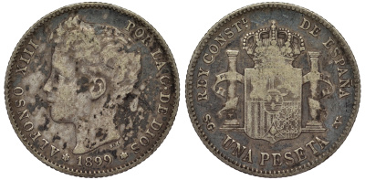 Испания 1 песета 1899 (99) SG-V, Альфонсо XIII (1886-1931) KM 706 (Y88) серебро 4566-627