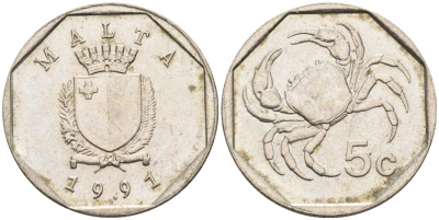 Мальта 5 центов 1991 краб KM 95 медно-никель 4588-111