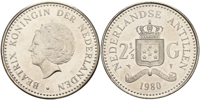 Нидерландские Антилы 2 1/2 гульдена 1980 Беатрикс (1980-2013) KM 19 никель UNC 4179-335