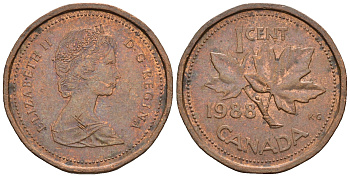 Канада 1 цент 1988 Елизавета II (1952-2022), кленовый лист KM 132 бронза 4609-227