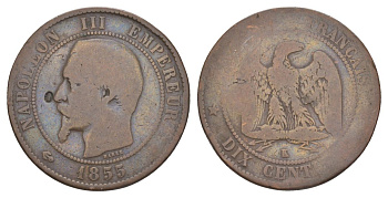 Франция 10 сантимов 1855 K, Наполеон III (1852-1870) KM 771.5, Le Franc 133.26 бронза 109-712