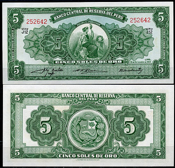 Перу 5 солей 1954 сидящая свобода, Thomas de la Rue Pick 70 a  бумага  UNC (пресс) 7202-29-2