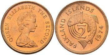 Фолклендские острова 1/2 пенни 1974 Елизавета II (1952-2022), лосось KM 1 бронза 4154-122